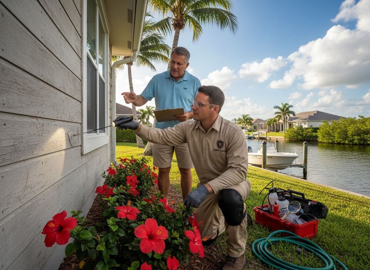 Tan house with a metal roof, columns, and arched window. A brick path leads to the front door, surrounded by grass and greenery.
