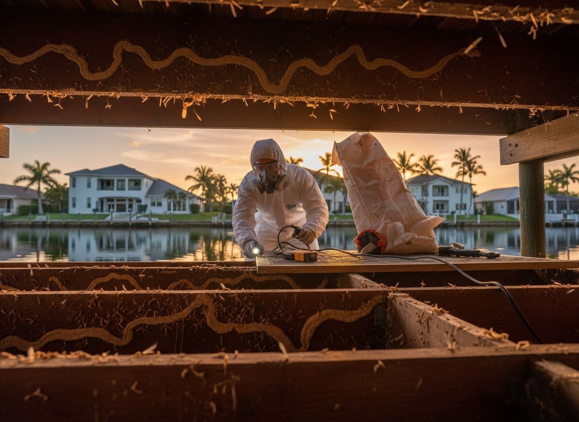 Coral-colored tropical home with white columns, doorway, windows, and a curved driveway; palm trees and grass surround it.