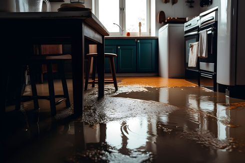 A kitchen with a flooded floor and a table and chairs.