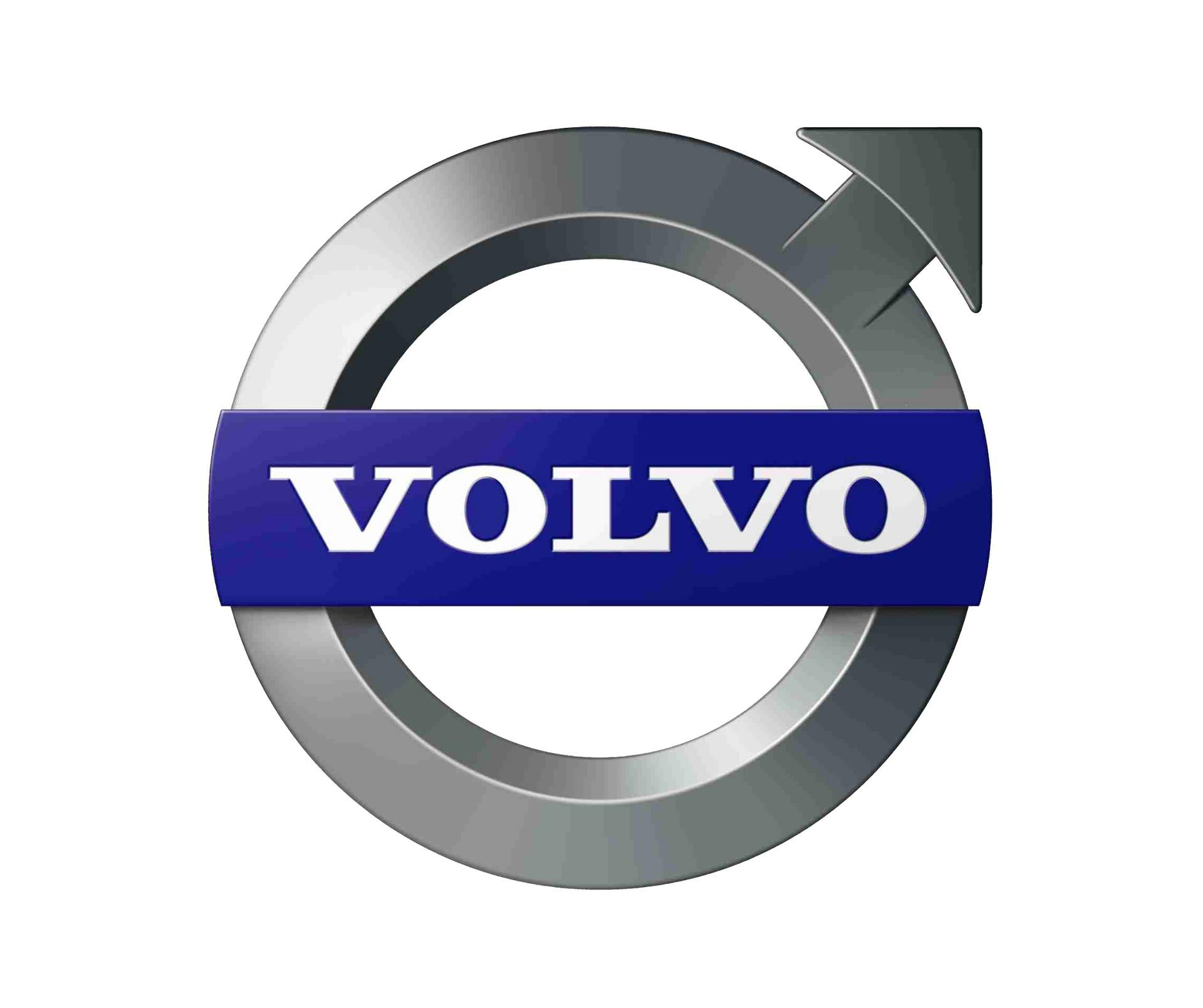 Volvo logo with silver ring and arrow, blue wordmark across the center