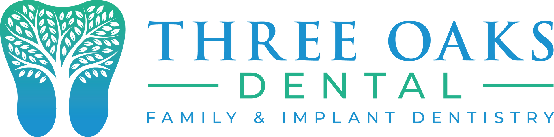 The logo for Three Oaks Dental arts has a tooth on it.