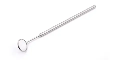 A dental mirror with a long handle on a white background.