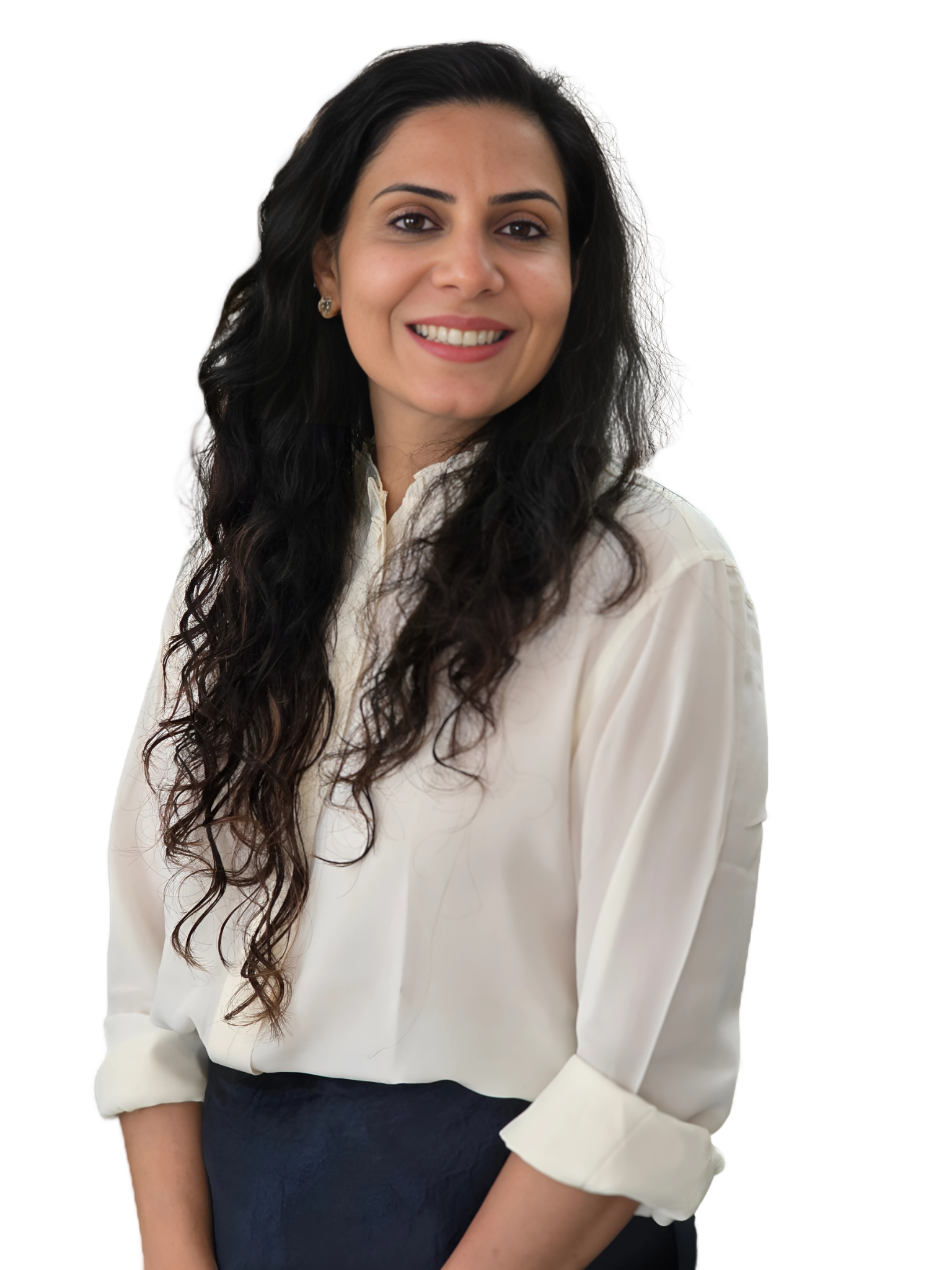 A woman in a white lab coat is standing in front of a white background.