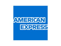 The american express logo is blue and white on a white background.