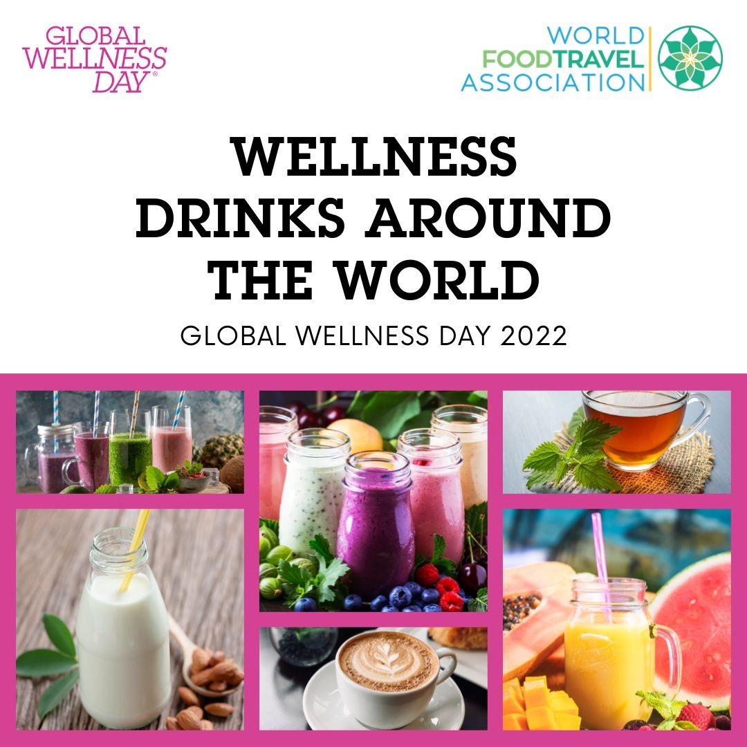 A poster for wellness drinks around the world.