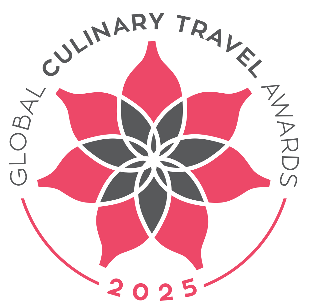 The logo for the global culinary travel awards shows a flower in a circle.