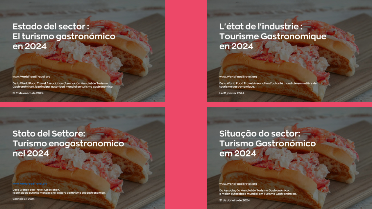 Covers of the State of the Food & Beverage Tourism Industry report in 4 languages