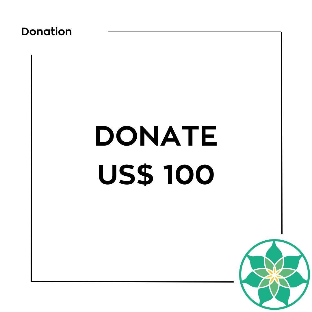 A white square with the words `` donate us $ 100 '' and a green flower.