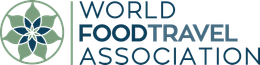 Logo for World Food Travel Association and World Culinary Culture Institute, with floral graphic.