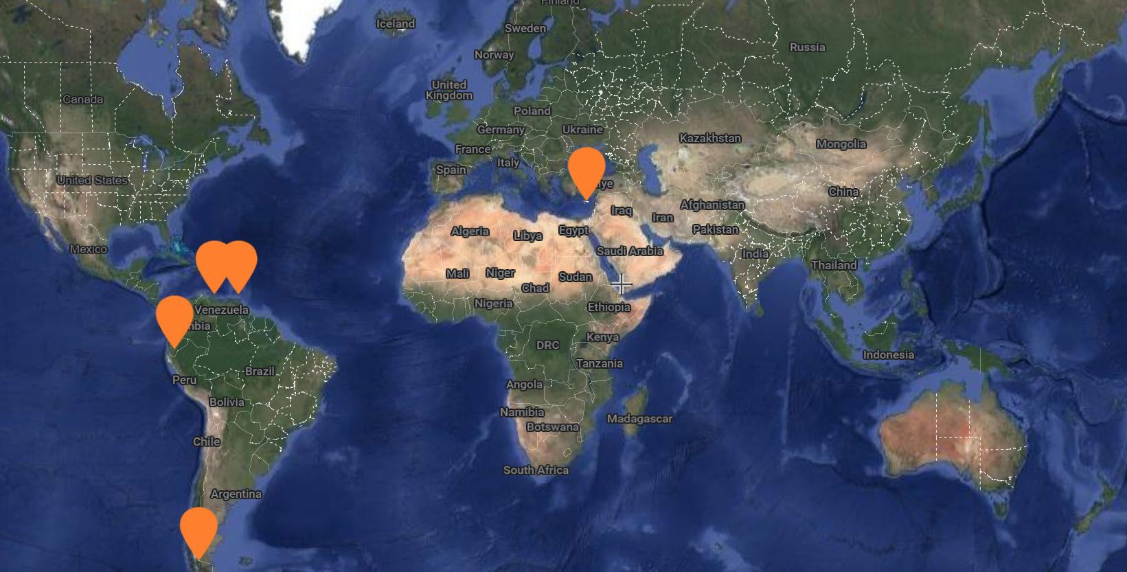 A map of the world with orange hearts on it