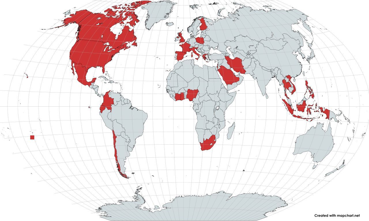 A map of the world with the united states in red