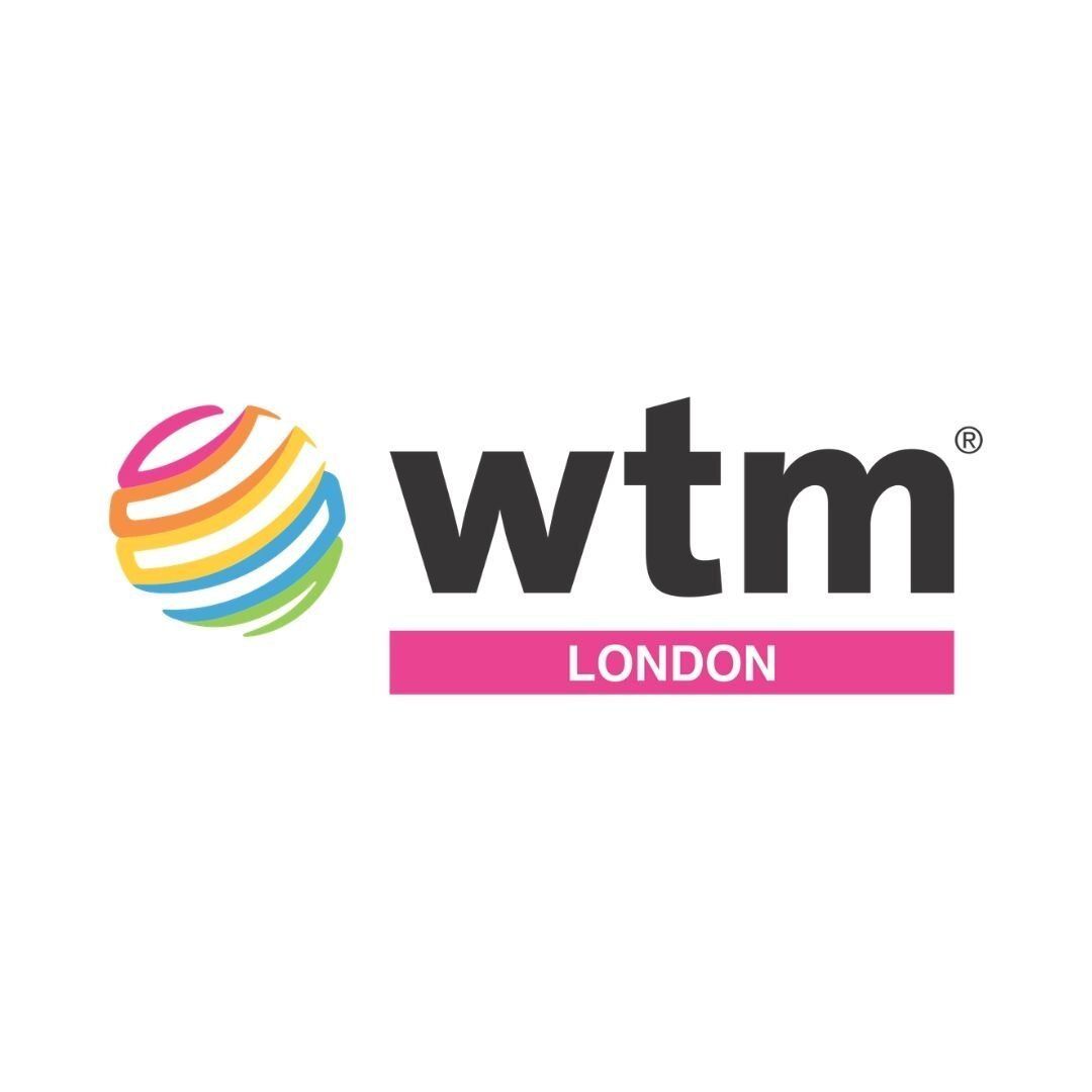 A logo for wtm london with a colorful globe on a white background.