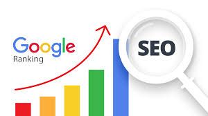 A google ranking graph with an arrow going up and a magnifying glass.