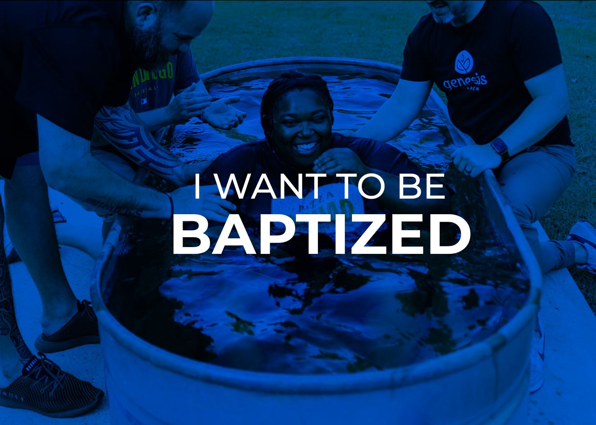 Person being baptized in a pool of water, with text 