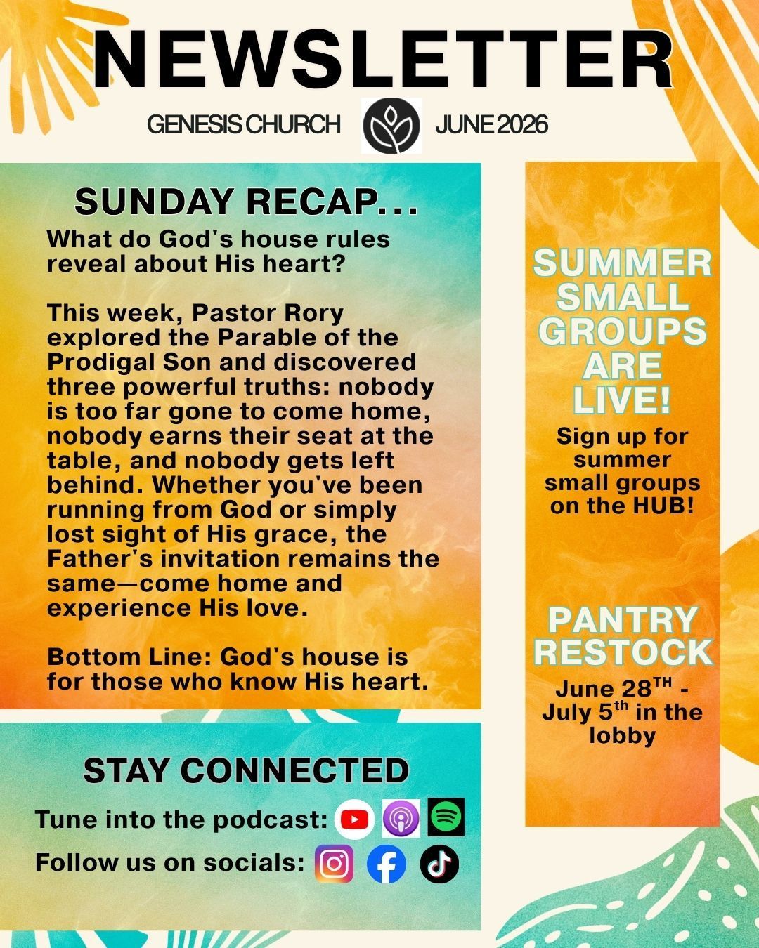 Church newsletter with Sunday recap, summer groups, Father’s Day breakfast, pantry restock, and social media icons.