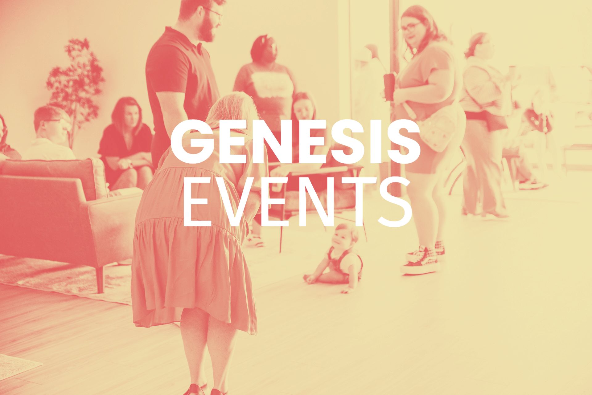 People at a social gathering.  A child crawls on the floor. 