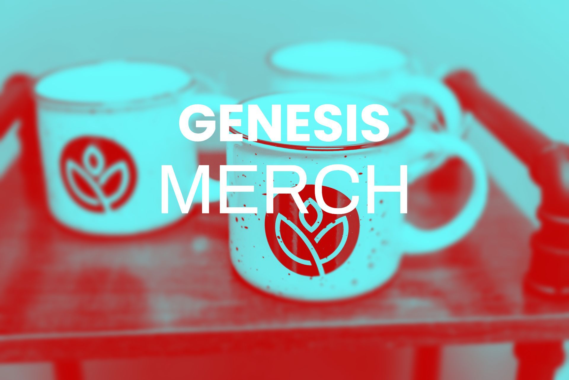 Three white Genesis mugs with logo on red tray. 