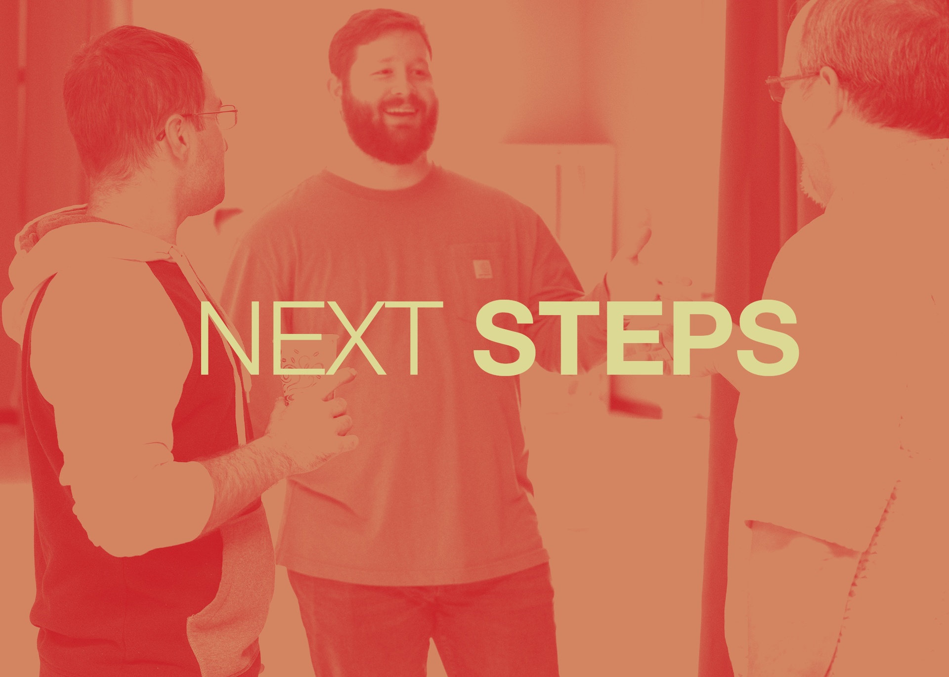 Three men talking. Text 