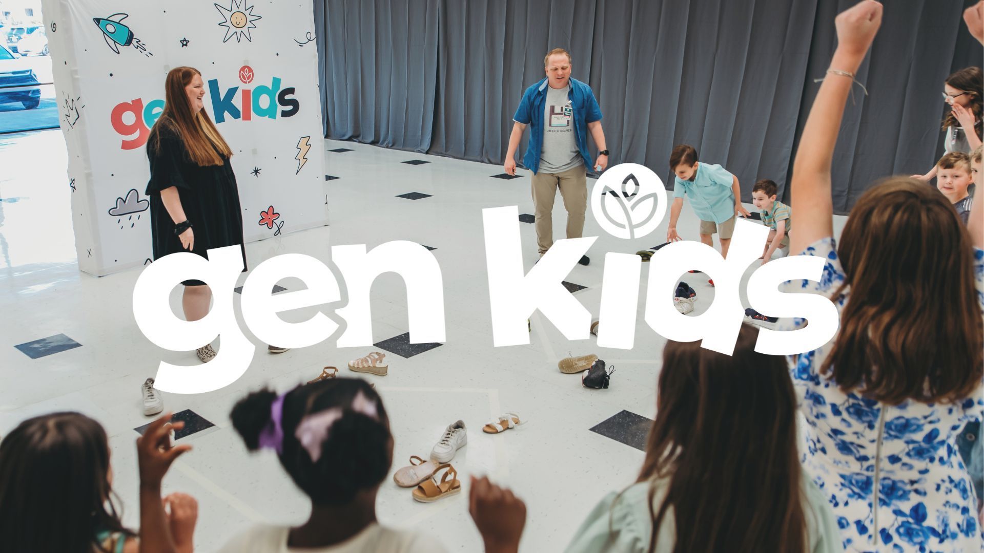 A group of children are playing a game in a gen kids room.