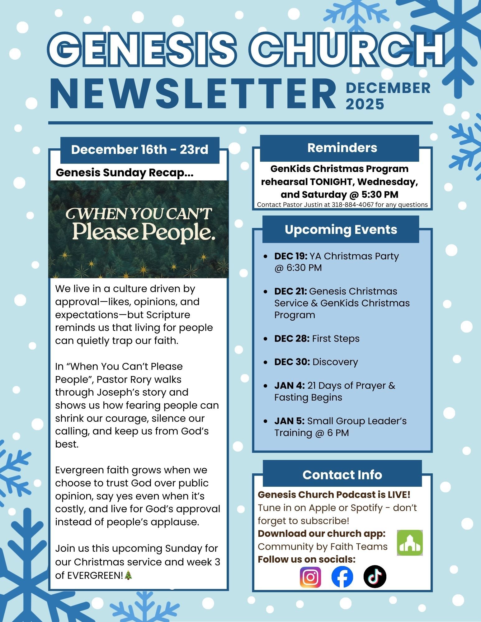 Genesis Church December 2025 newsletter with announcements and upcoming events.