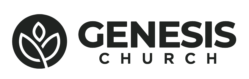The logo for genesis church is black and white with a flower in the middle.