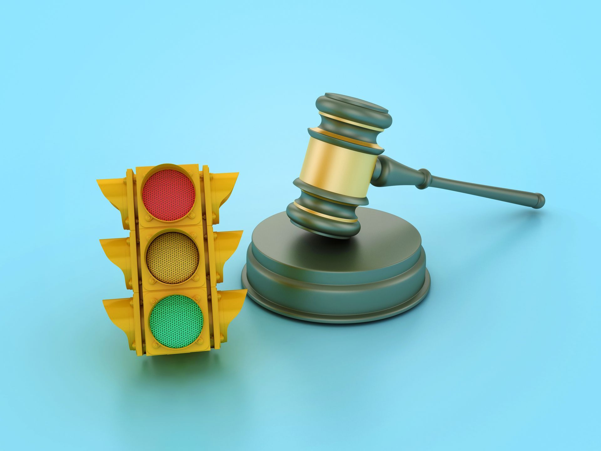 3D Traffic Light with Judge’s Gavel Symbol for Law and Order Themes