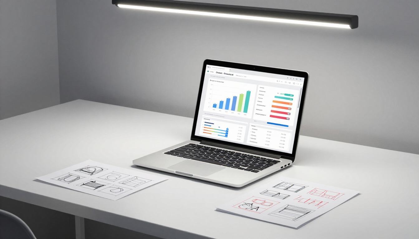 Espace de travail moderne avec interface e-commerce et produits personnalisés.