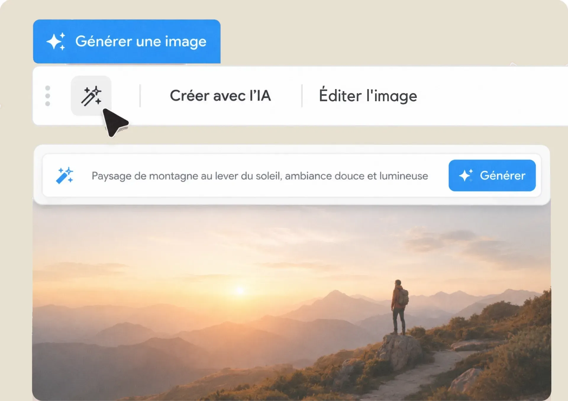 Sur l'éditeur sur une image, retrouvez maintenant un bouton pour générer une image comme un paysage de montagne au lever du soleil.