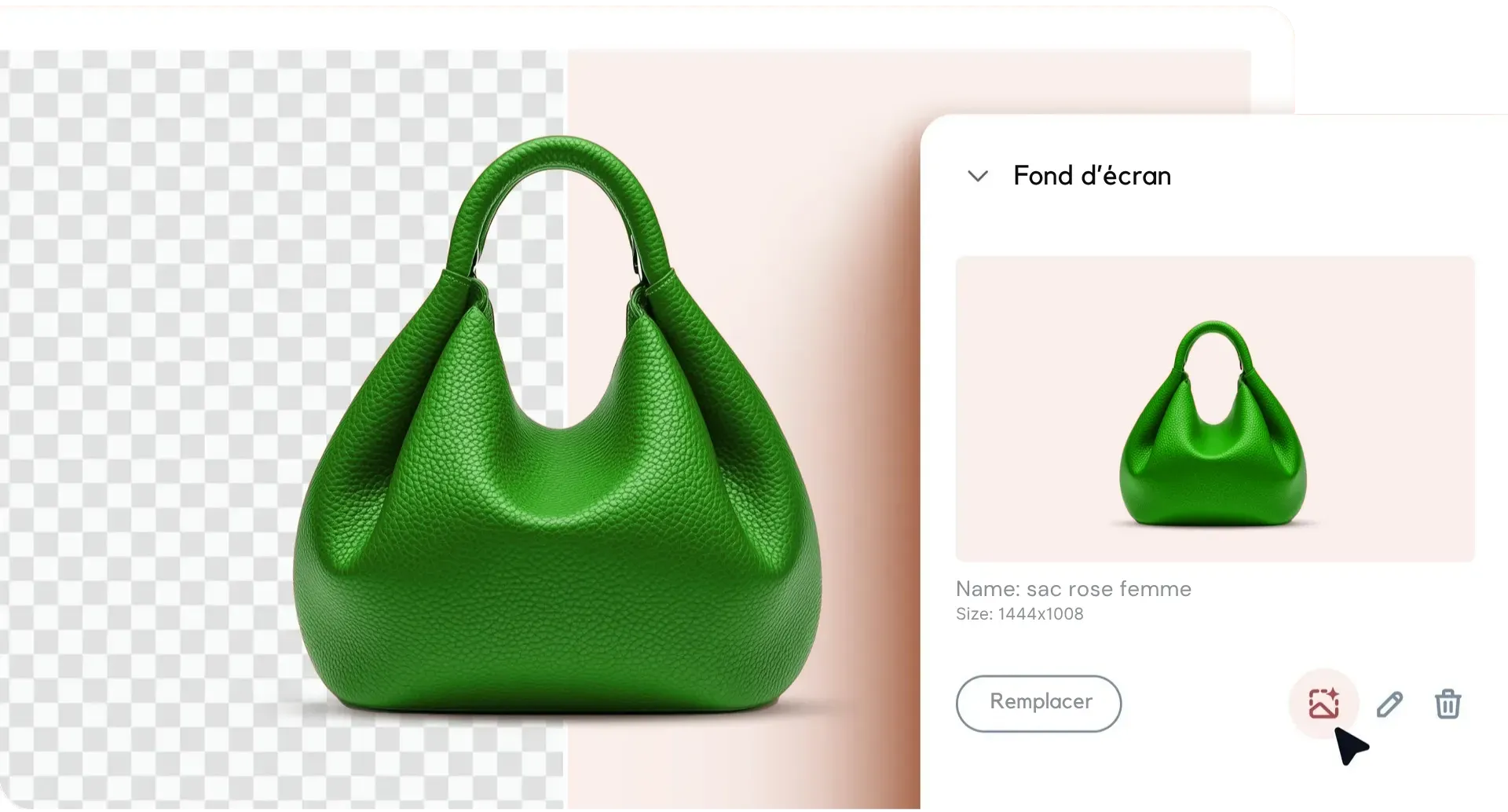 Supprimer le fond d'une image directement depuis l'éditeur Version 2 comme par exemple sur une photo d'un sac à main vert sur une page produit.