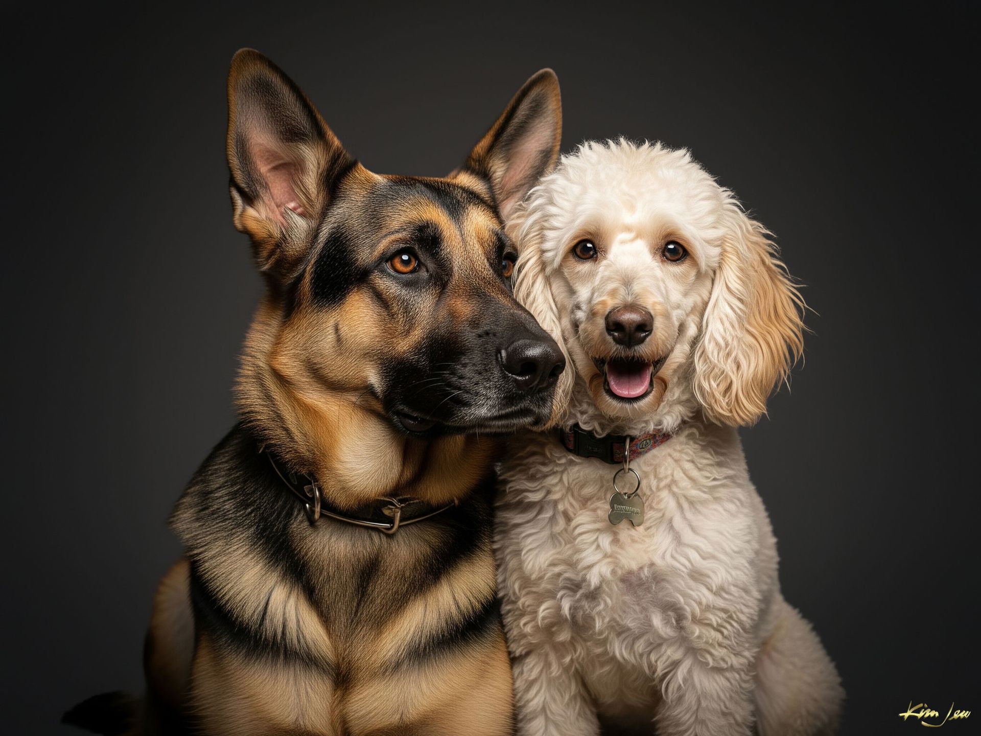 A german shepherd and a cocker spaniel are posing for a picture together.