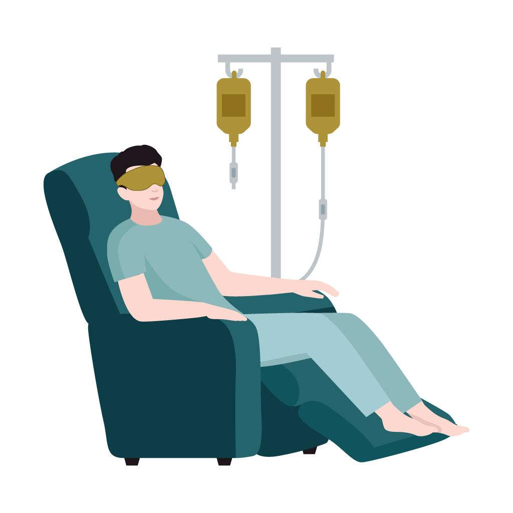 A man is sitting in a chair with a mask on his eyes.