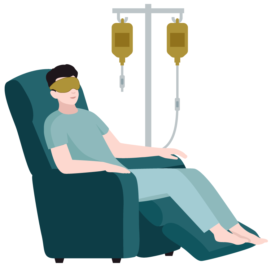 A man is sitting in a chair with a mask on his eyes.