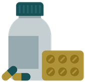 A bottle of pills and a tray of pills on a white background.