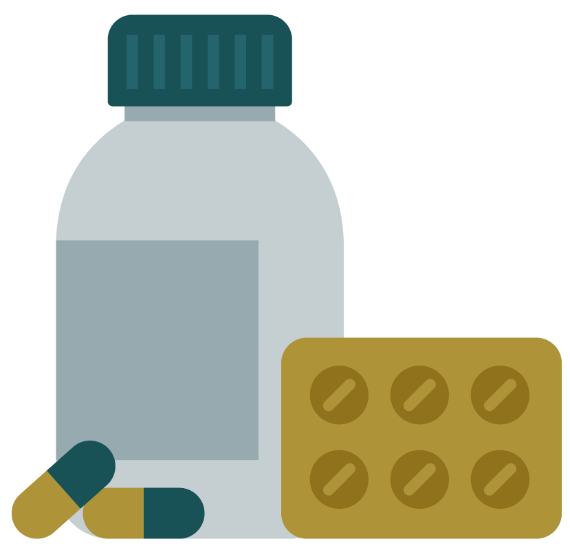 A bottle of pills and a tray of pills on a white background.