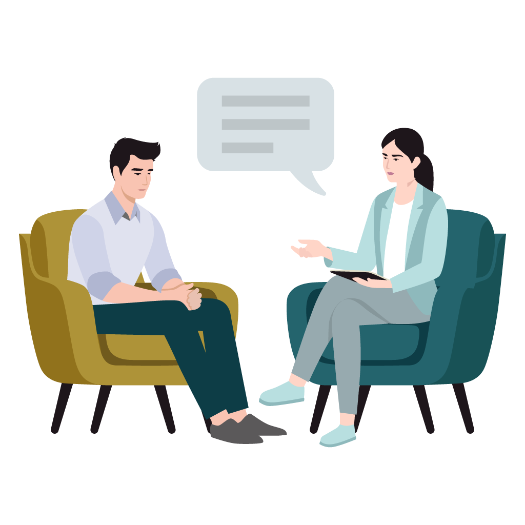 A man and a woman are sitting in chairs talking to each other.