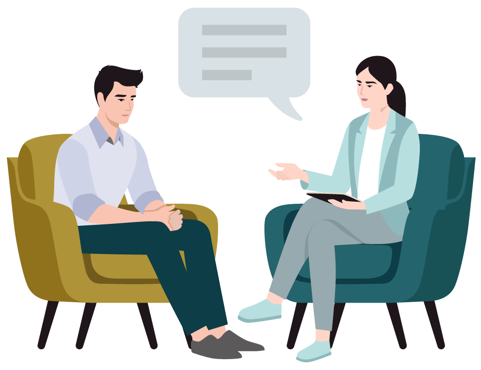 A man and a woman are sitting in chairs talking to each other.