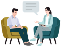 A man and a woman are sitting in chairs talking to each other.