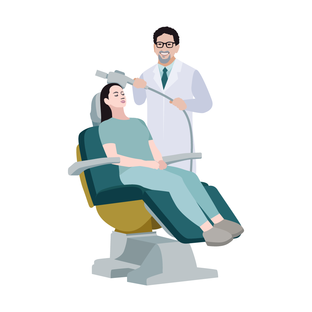 A woman is sitting in a dental chair while a dentist examines her teeth.