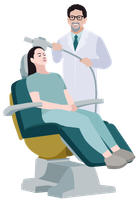 A woman is sitting in a dental chair while a dentist holds a machine.