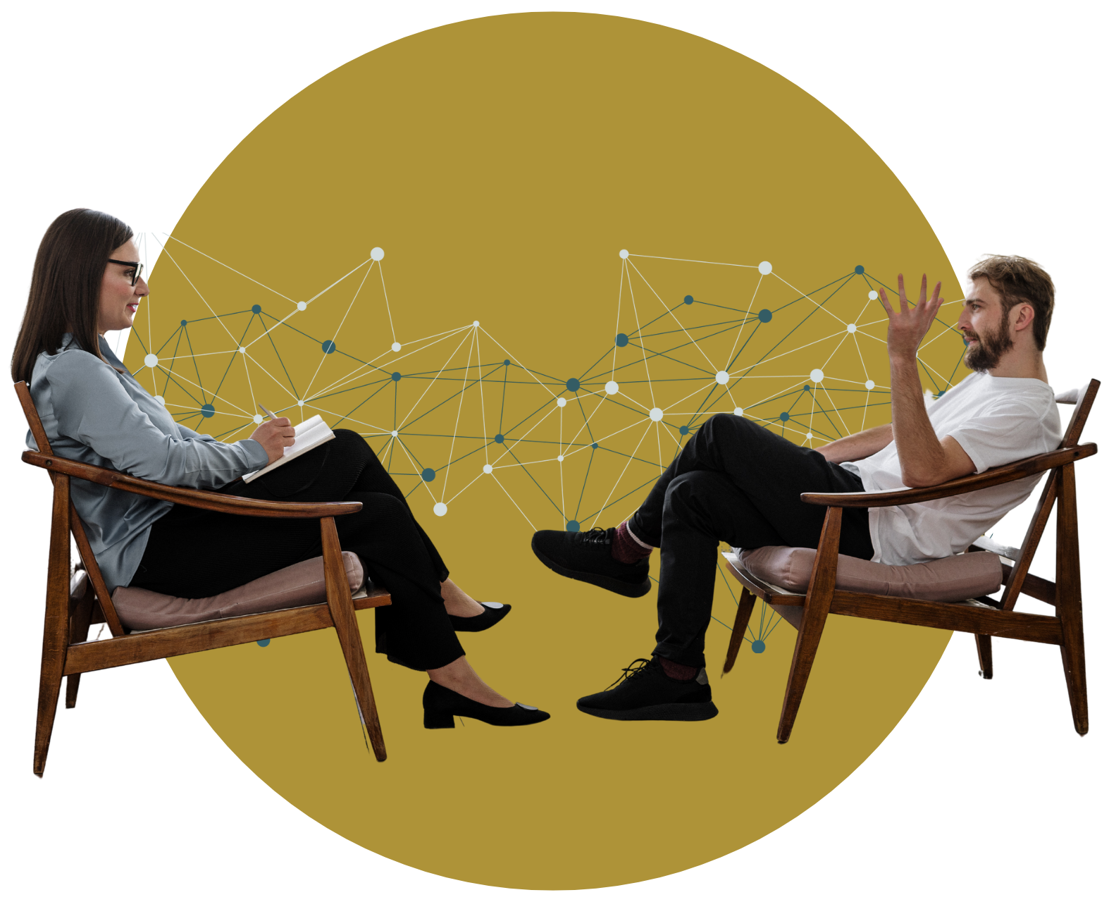 A man and a woman are sitting in chairs talking to each other.