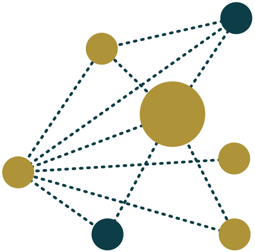 A graphic of a network of dots and circles on a white background.
