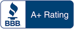 BBB A+ Rating badge with a blue flame logo and text on a blue background.