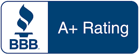 BBB A+ Rating badge with a blue flame logo and text on a blue background.