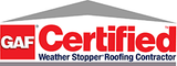 GAF Certified Weather Stopper Roofing Contractor logo with a red and white design.