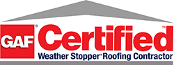 GAF Certified Weather Stopper Roofing Contractor logo with a red and white design.