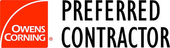 Logo for Owens Corning, a preferred contractor, with a red and white graphic and black text.