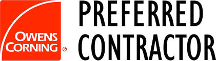 Logo for Owens Corning, a preferred contractor, with a red and white graphic and black text.