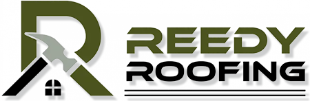 Logo for Reedy Roofing. Features a large green 