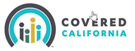 A logo for covered california with a hand pointing at it.