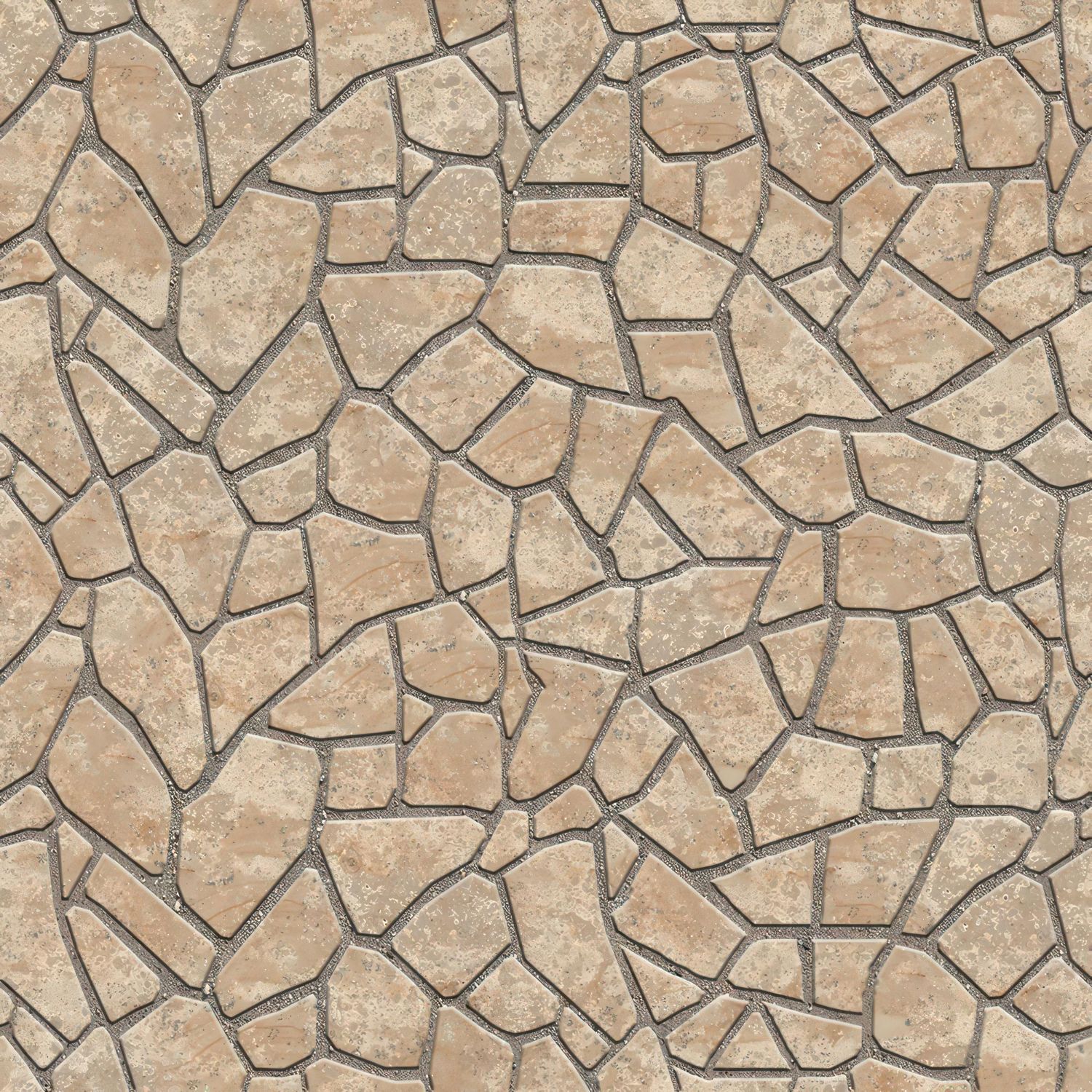 Tan-colored stone wall with irregularly shaped stones and dark grout lines.
